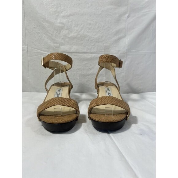 Authentic JIMMY CHOO Leather Snake Embossed Tan and Brown Wood heel size 37 - Picture 3 of 15